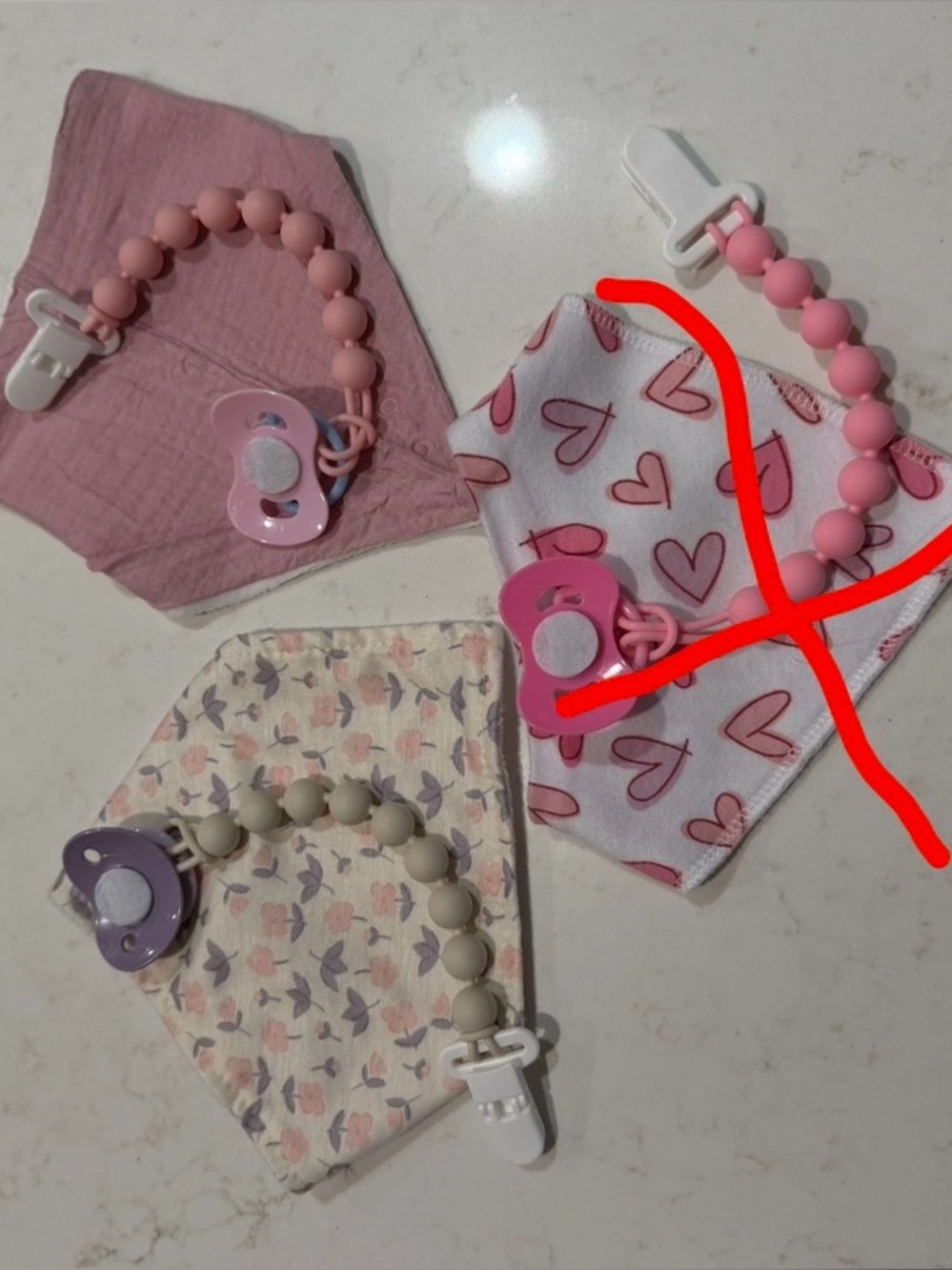 Pink Heart Pacifier Clips & Bandana Bib Set. For reborn doll.
